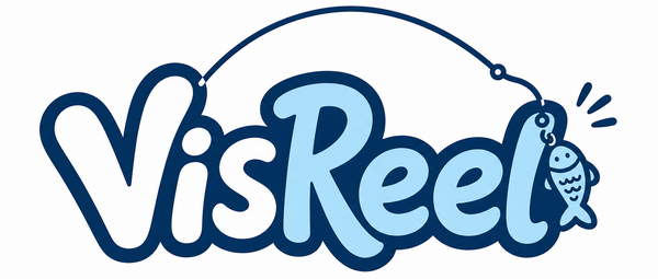 A stylized logo reading 'VisReel' in rounded light blue and dark blue lettering, with a fishing line arching above and a small fish graphic hanging from the letter 'l'.